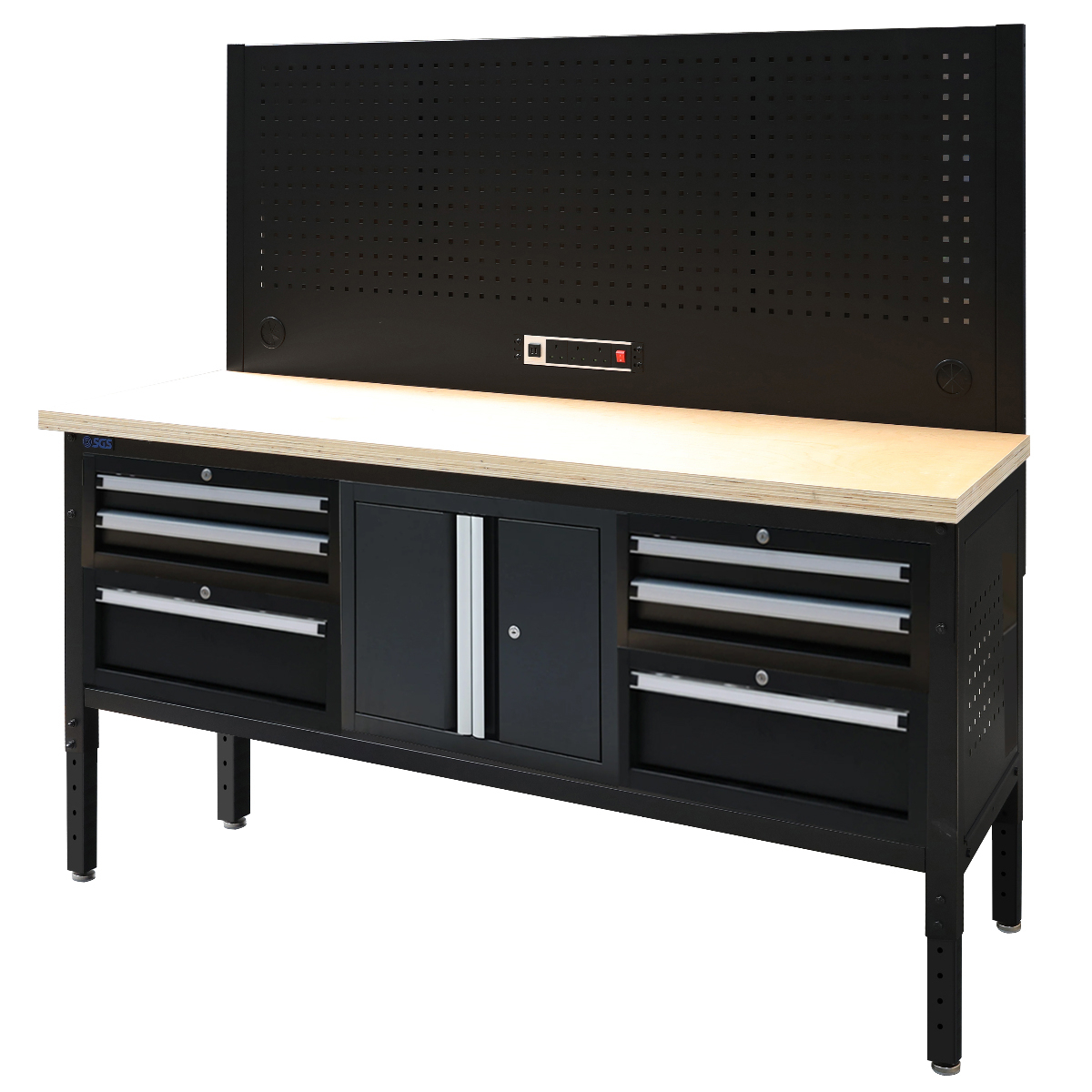 SGS 72in Modular Workstation - Wood Worktop | Pegboard | Power Strip | 6x Drawers & Cupboard